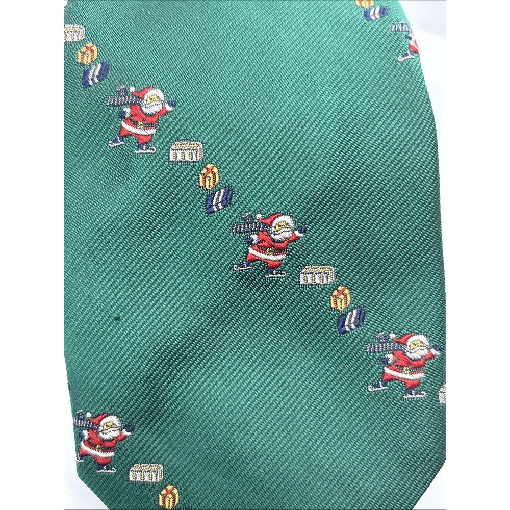 Vintage Santa‎ Claus Tie Green Ice Skating Embroidered Christmas Holiday Talbott